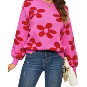 Sweater Pullover Flower Knit Retro Daisy Pink Bold Size L